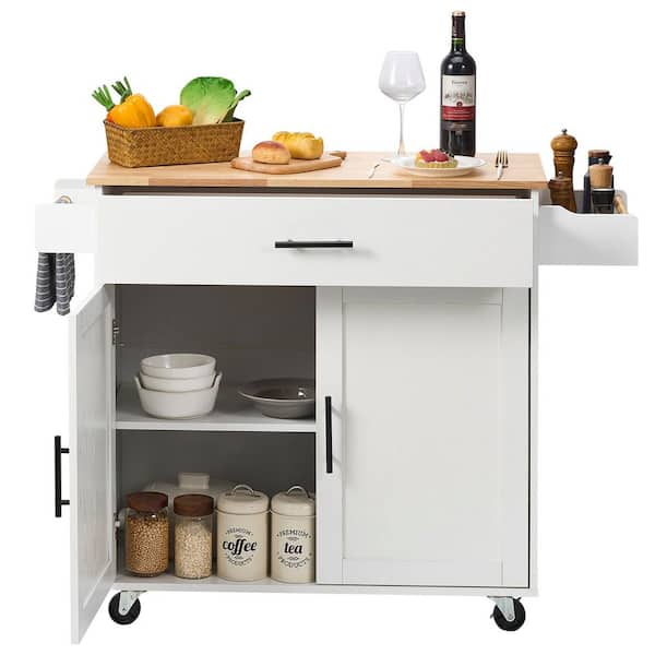 Kitchen Cart with Solid Natural Wood Top, 35.4 in. W Mobile Carts with Storage Cabinet, Rolling Kitchen Table, White