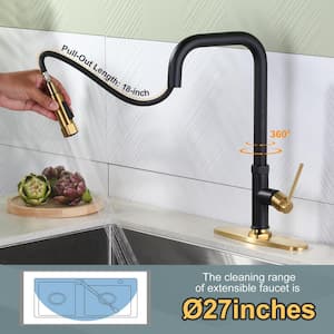 Single Handle Pull Down Sprayer Kitchen Faucet in Gold and Black with Deck Plate