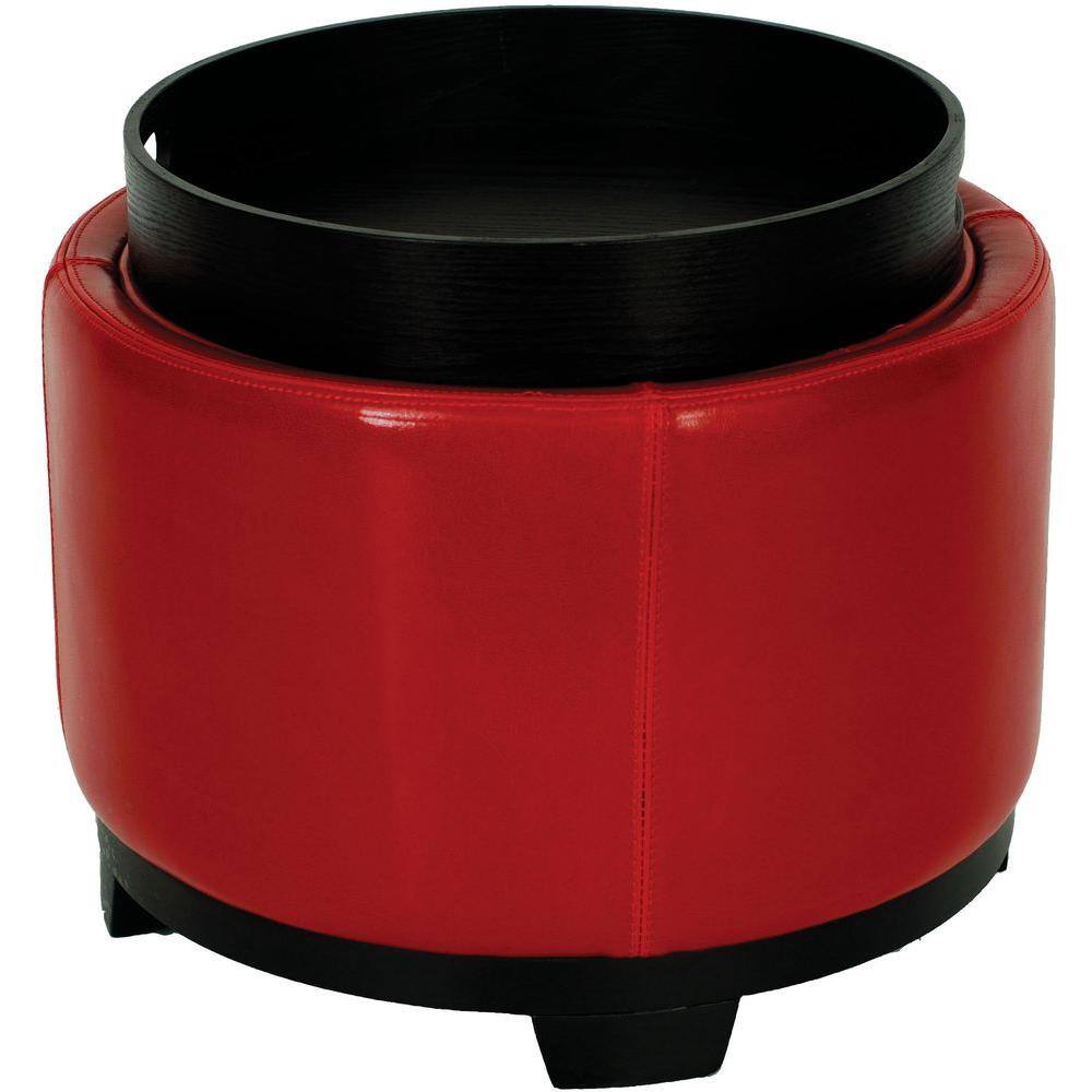 Transitional Round Red Ottoman with Storage Tray