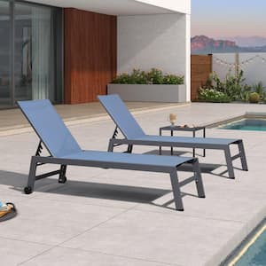 Aluminum Dark Grey Frame Metal Outdoor Chaise Lounge Patio Lounge Chair with Side Table and Wheels, Indigo