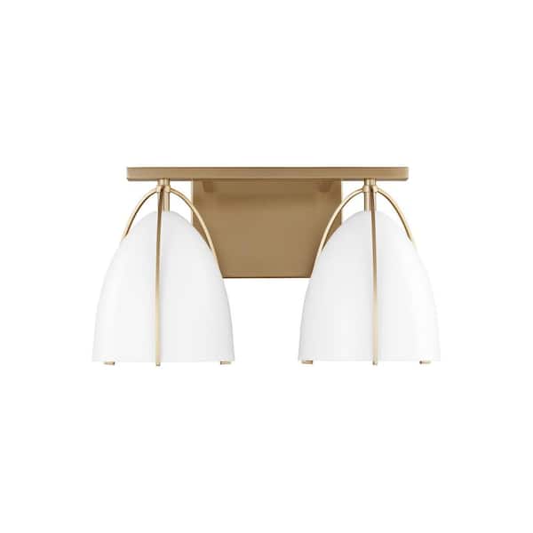 Generation Lighting Norman 15 in. H 2-Light Satin Brass Vanity Light with Matte White Steel Shades