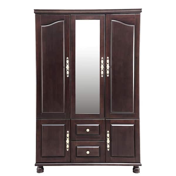 Seusar Brownish Black Wood 46.3 in. Armoire with 2 Drawers, Mirror, Hanging Rod and Shelves