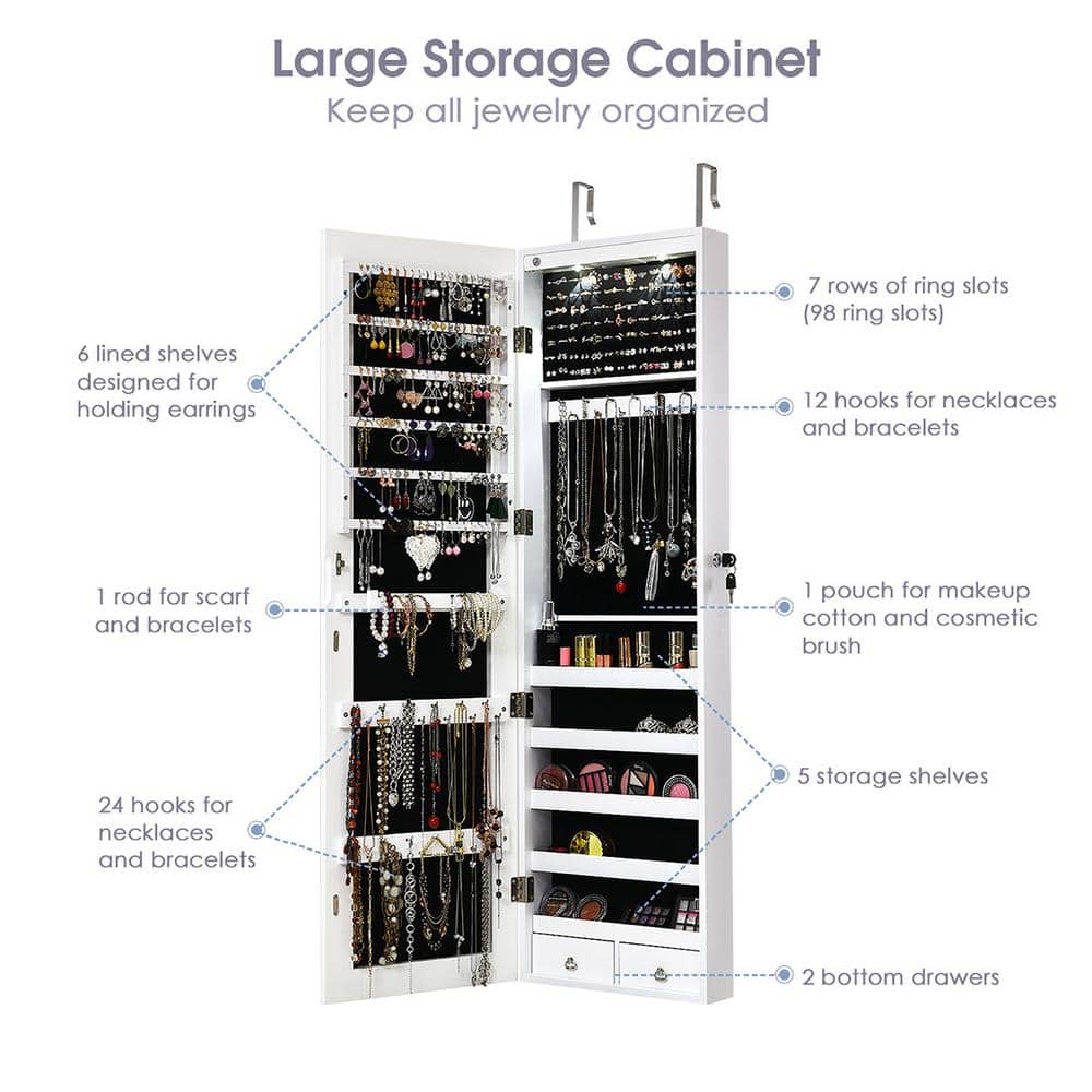 Elegant White Wall-Mounted Mirrored Jewelry Cabinet with LED Lights