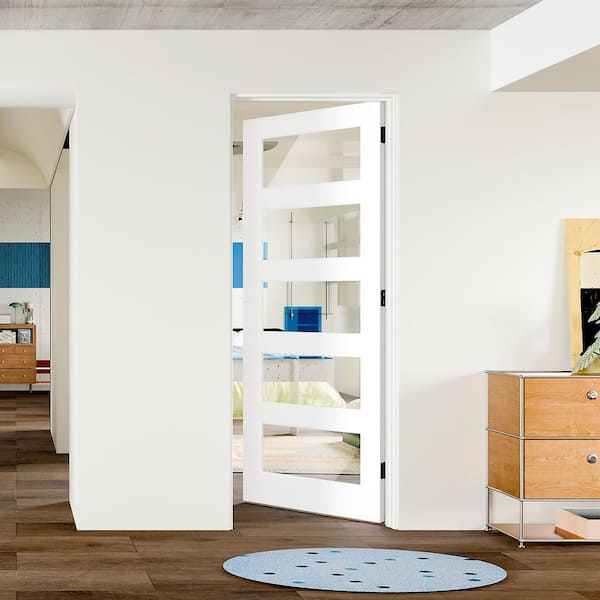 30 in. x 80 in. 5 Lite, Clear Glass, White Composite MDF Prehung Interior Door Right-Handed with Door Jamb and Hardware