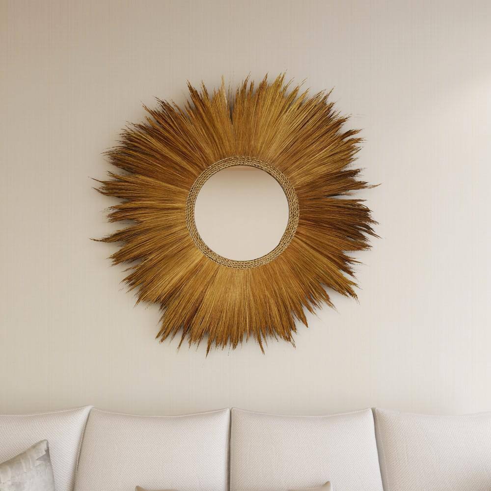 Golden Sunburst Round Decorative Wall Mirror with Grass Trim