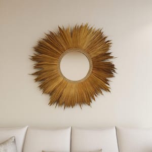 45 in. x 45 in. Tribal Inspired Starburst Round Framed Brown Wall Mirror