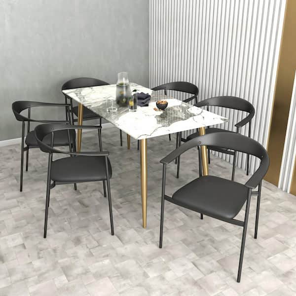 Leisuremod Kora Black Modern Dining Chair Upholstered in Faux Leather with Steel Frame and Legs Kitchen Accent Arm Chair