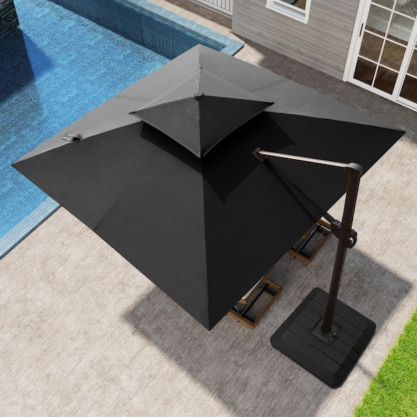 Pellebant 10 ft. Square Aluminum 360° Rotation Offset Cantilever Patio Umbrella in Black and Umbrella Stand Fillable Base