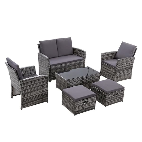 JUSKYS 6-Piece Patio Dark-Gray Resin Wicker Conversation Set w/Coffee Table,Ottoman and Dark-Gray Cushions for Patio,Yard,Pool