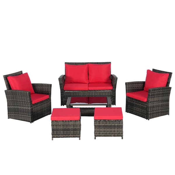 6-Piece Wicker Outdoor Sectional Sofa Set with Red Cushions, Ottoman and Coffee Table
