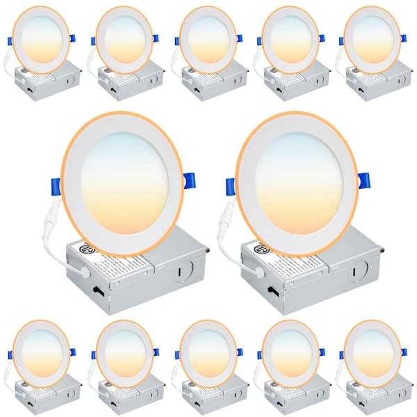 KOAOEIRS 5/6 in. Slim LED Recessed Ceiling Light Adjustable CCT Canless Dimmable 12-Watt Integrated LED with Night Light 12-Pack