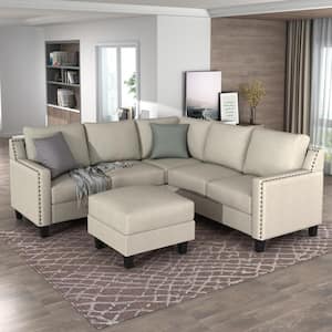 84 in. Square Arm 3-piece L Shaped Polyester Sectional Sofa in Beige w/Ottoman