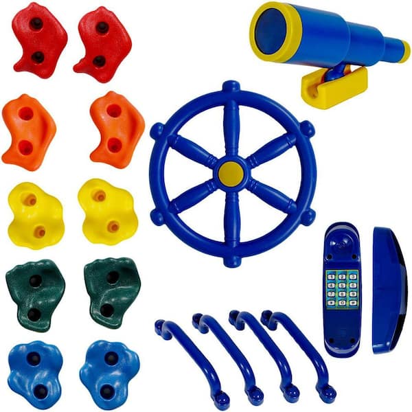 Plastic Outdoor Swing Set with Ship Wheel, Telescope, Telephone, Rock Climbing Holds and Safety Handles for Playhouse
