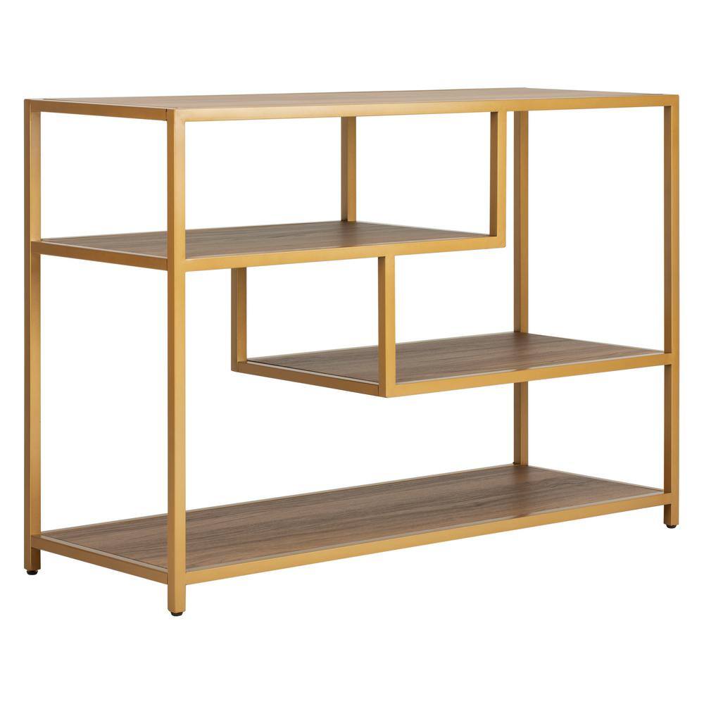 Walnut and Gold 3-Tier Geometric Console Table with Storage