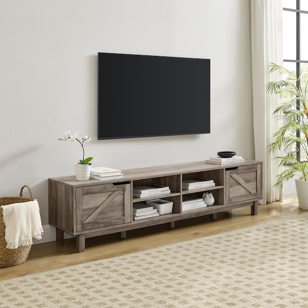 70 in. Grey Wash Wood Modern Farmhouse TV Stand with 2 Barndoors Fits TVs up to 80 in.