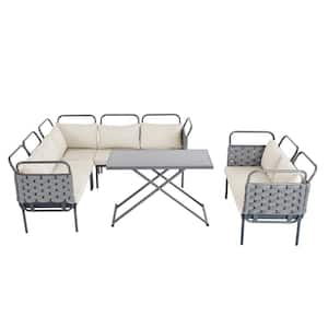 5-Piece Modern Patio Gray Metal Woven Rope Outdoor Sectional Sofa Set Furniture Set with Glass Table and Beige Cushions