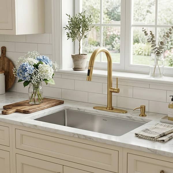Single Handle Pull Down Sprayer Kitchen Faucet with Soap Dispenser in Brushed Gold