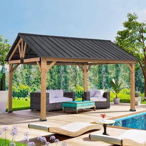 11 ft. x 13 ft. Cedar Wooden Frame Pavilion Gazebo with Black Hard Top Steel Peak Roof and Ceiling Hook