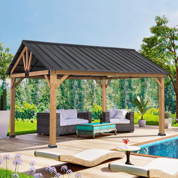 COOS BAY 11 ft. x 13 ft. Cedar Wooden Frame Pavilion Gazebo with Black Hard Top Steel Peak Roof and Ceiling Hook