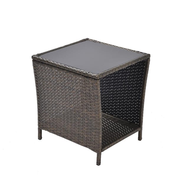 FORCLOVER Rattan Outdoor Square Side Table with Storage Shelf in Brown