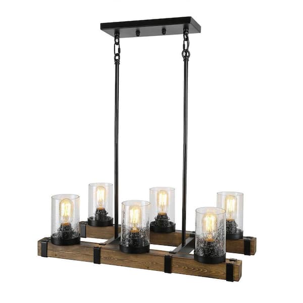 LNC - Asben 6-Light Rustic Farmhouse Black Chandelier 2-Row Wood Linear Kitchen Island Chandelier with Seeded Glass Shades