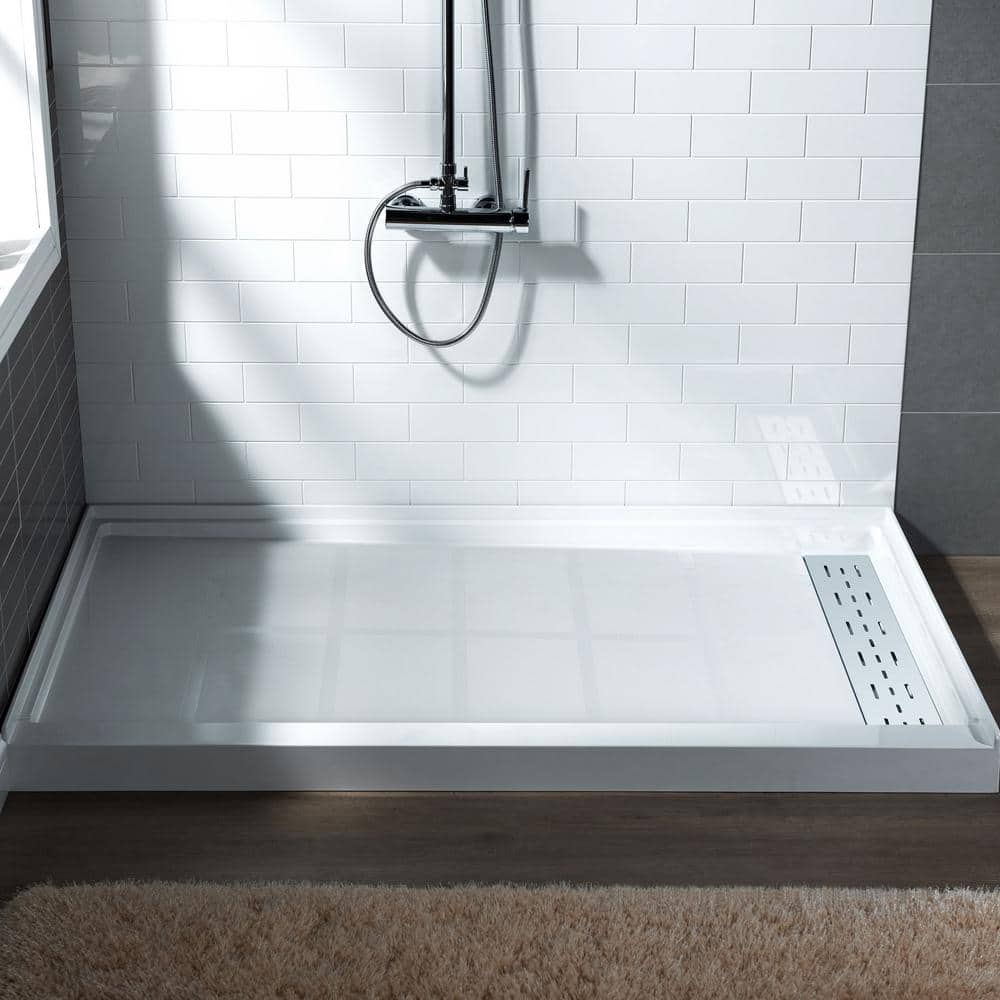 Krasik 60 in. L x 32 in. W Alcove Solid Surface Shower Pan Base with Right Drain in White with Chrome Cover price history on PriceWatchPro