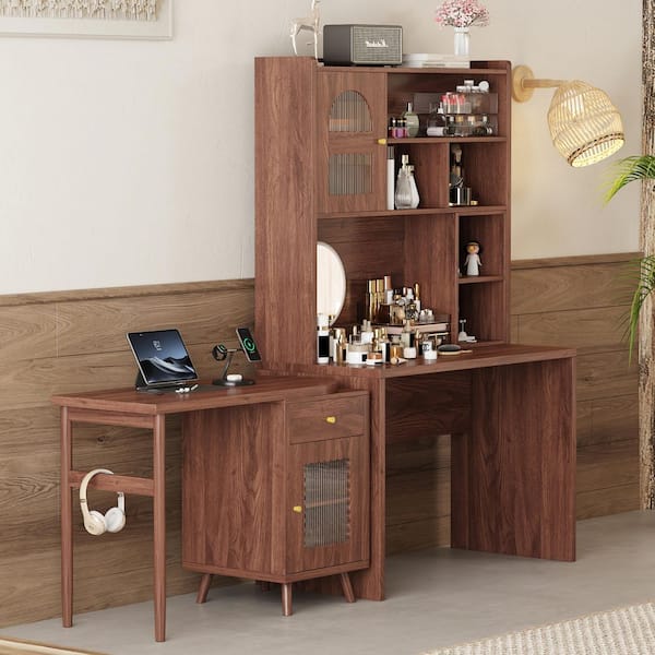 43.1 in. W Walnut Wood Computer Desk with Shelves, Glass Door Removable Cabinet with 360° Rotating Desktop