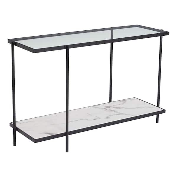 ZUO Winslett 47 in. Clear/Black/Stone Rectangle Glass Console Table with Storage