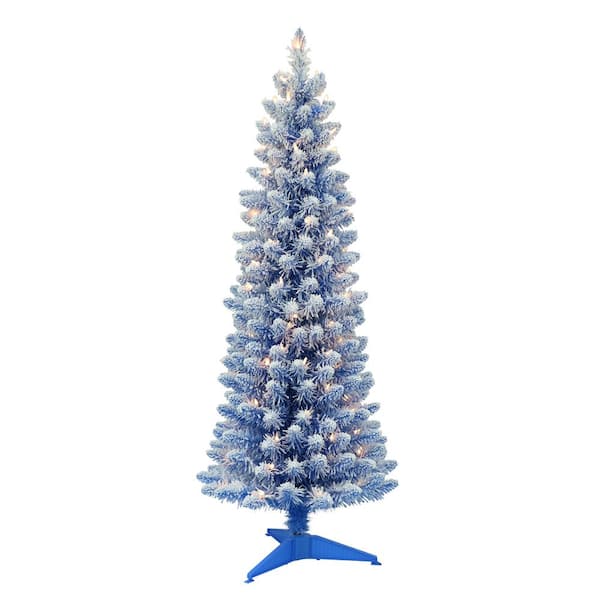 Puleo International 4.5 ft. Blue Pre-Lit Flocked Fashion Pencil Artificial Christmas Tree with 100-Lights