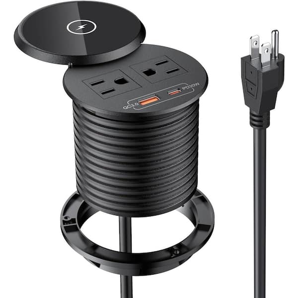 6 ft. Cord 2-Outlet Power Strip with 1 USB-A Port 1 USB-C Port Wireless Charging Cover Recessed Desk Grommet