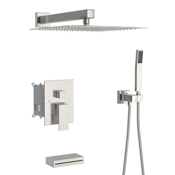 Flynama 3-Spray 12 in. Square Rainfall Shower Head with Hand Shower and Faucet in Brushed Nickel Valve Included