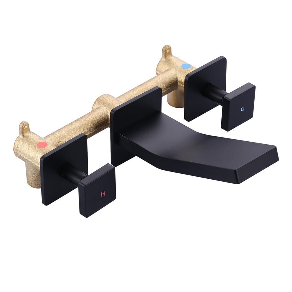 Double Handle Wall Mounted Bathroom Vessel Sink Faucet with Brass Valve and Waterfall Spout in Matte Black price history on PriceWatchPro