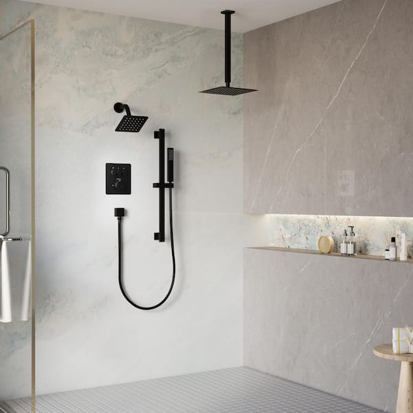3-Function Square Ceiling Mount 10 in. and 6 in. Dual Shower Faucet System Sliding Bar in Matte Black Valve Included