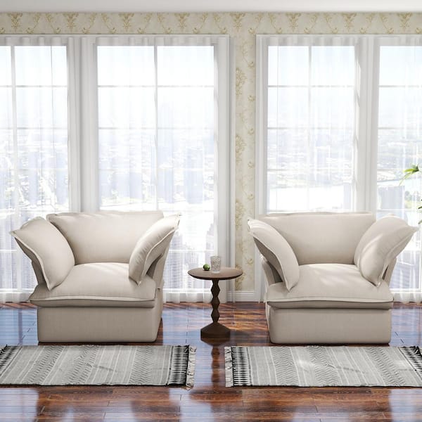 Set of 2 Linen Accent Arm Chair with Cloud Overstuffed Deep Seat Cushion and Pine Wood Frame in Beige