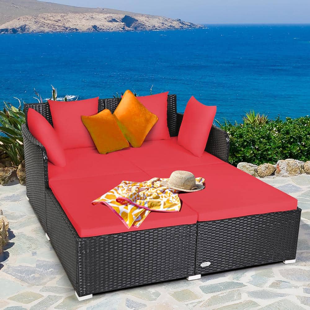 Costway Outdoor Patio Rattan Daybed Pillows Cushioned Sofa Furniture Red