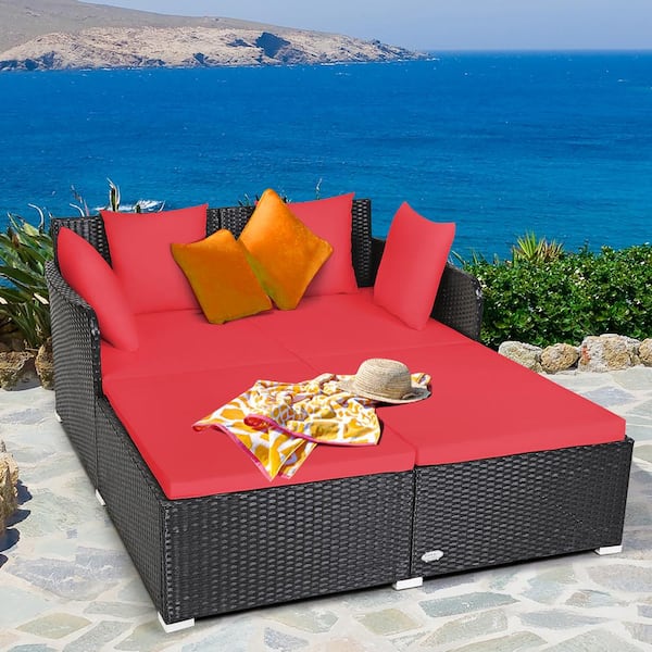 Costway 1-Piece Plastic Rattan Outdoor Day Bed with Red Cushions