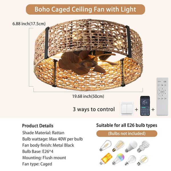 20 in. Indoor Brown Ratten Caged Reversible Flush Mount Ceiling Fan with Remote Included for Bedroom or Living Room
