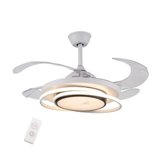 OUKANING 42 in. LED Indoor White Retractable Ceiling Fan with Light kit and Remote Control