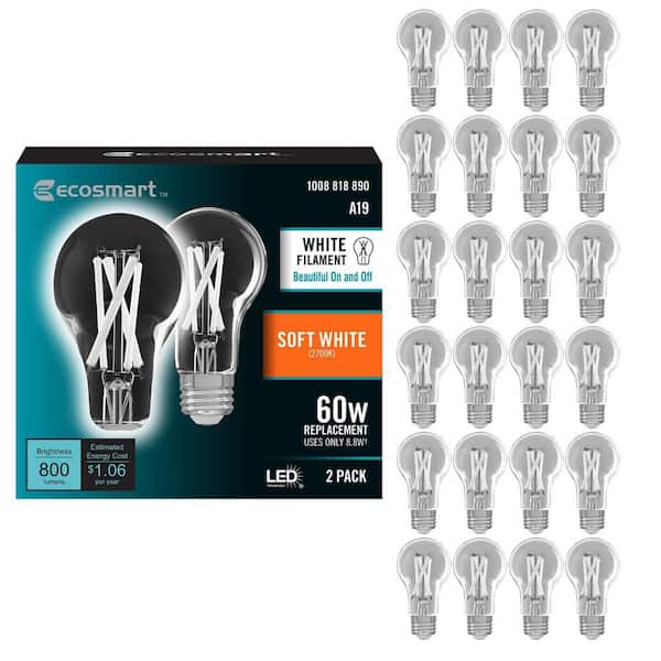 60-Watt Equivalent A19 Dimmable White Filament CEC Clear Glass E26 LED Light Bulb Soft White 2700K (24-Pack)