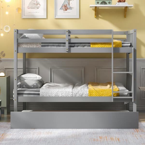 URTR Modern Wooden Gray Twin Over Twin Size Bunk Beds with Trundle