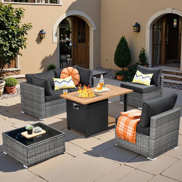 Sanibel Gray 6-Piece Wicker Outdoor Patio Conversation Sofa Sectional Set with a Storage Fire Pit and Black Cushions