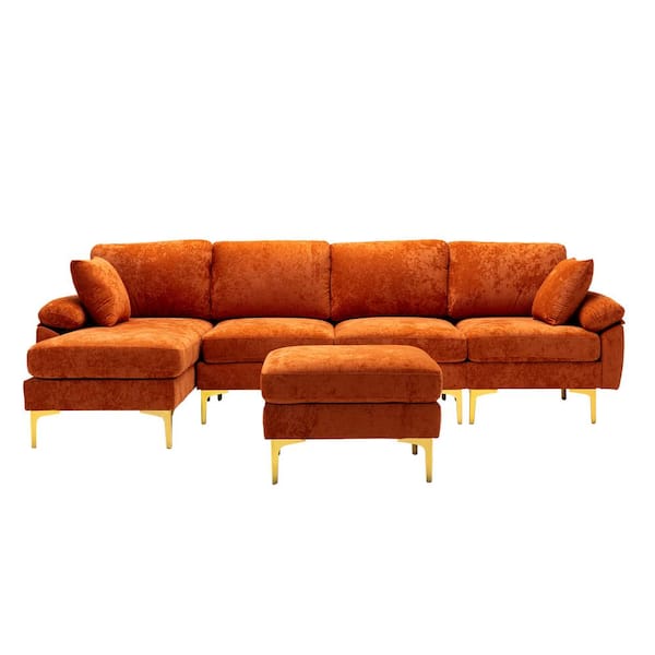HOMEFUN 114 in. Rolled Arm 4-Piece Velvet L-Shaped Sectional Sofa in Orange with Chaise