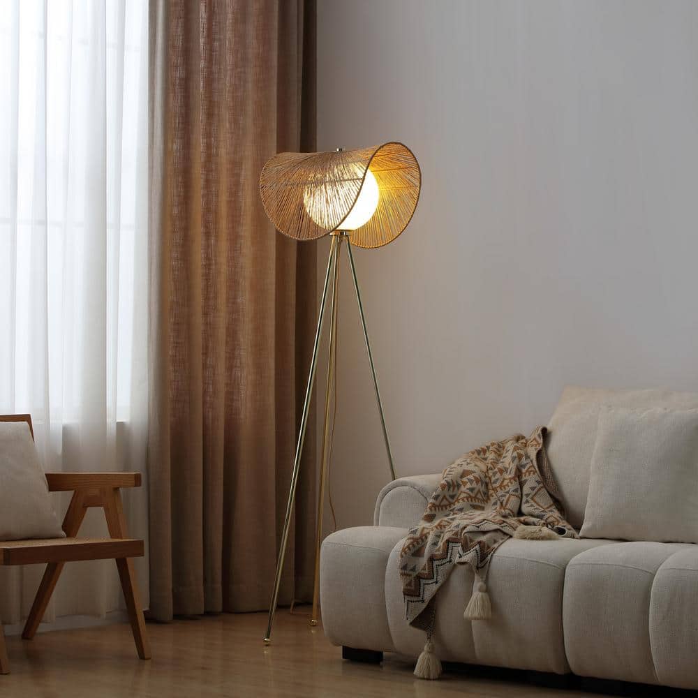 Adjustable Brass Tripod Floor Lamp with Rattan Shade