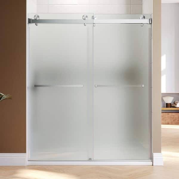 UNIKOO UKD01 56 to 60 in. W x 80 in. H Double Sliding Frameless Shower Door Brushed Nickel EnduroShield 3/8 in. Acid-Etch Glass