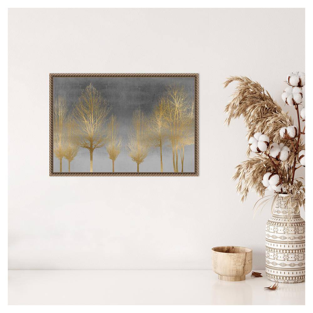 Gold Forest on Gray Abstract Canvas Wall Art with Bronze Frame