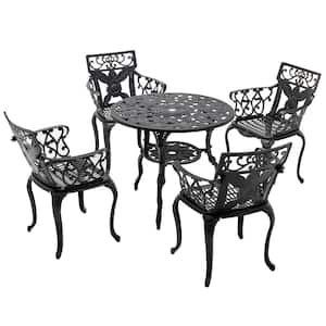 Black 5 Piece Sunflower Metal Outdoor Dining Set Bistro Set with Round Table 4 Stool