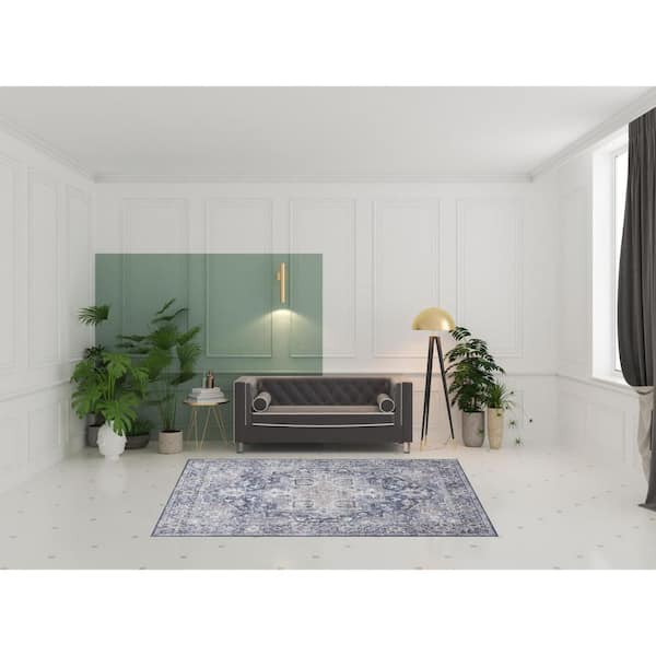 6 ft. x 9 ft. Blue Floral Washable Area Rug Runner Rug