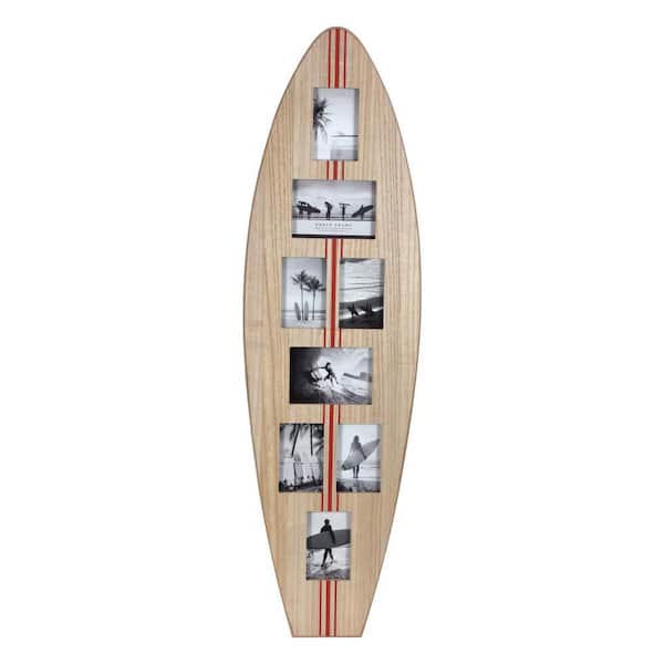 Surfboard Photo Collage 48 in. x 14 in. Natural/Red Stripe Photo Collage by Mylee Luu Wood Wall Art