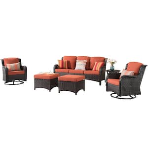 Moonlight Brown 6-Piece Wicker Patio Conversation Seating Sofa Set with Orange Red Cushions and Swivel Rocking Chairs