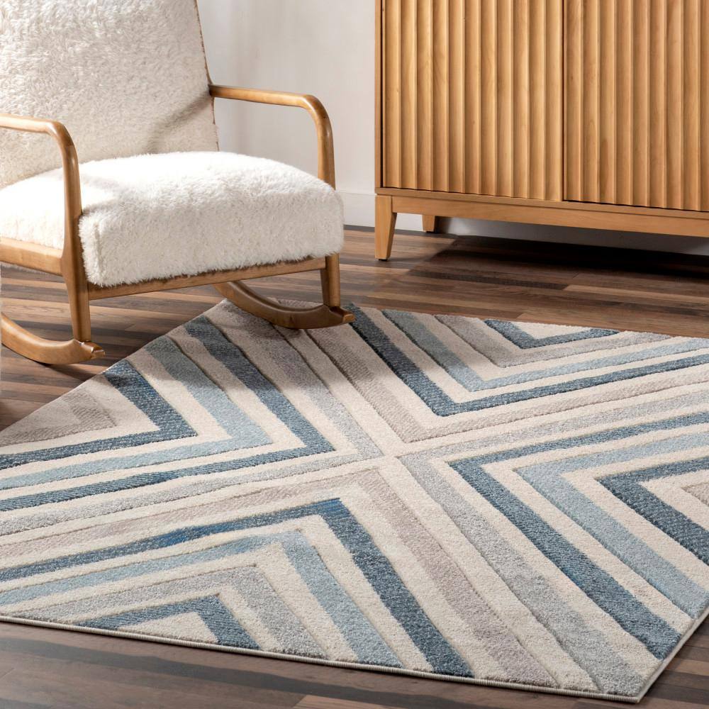 Blue Chevron Pattern Stain-Resistant Runner Rug